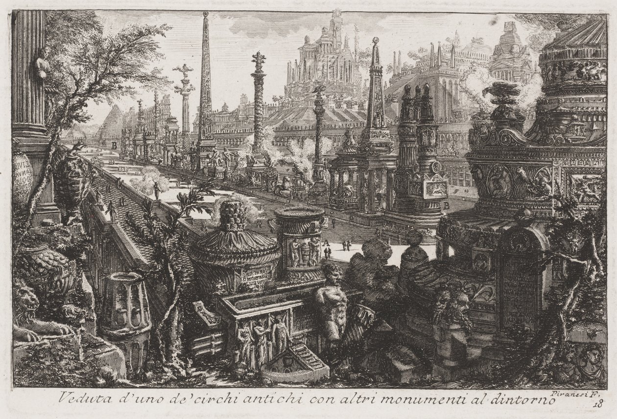 Kilátás egy régi cirkuszra, benne más emlékművekkel, 1760 körül (rézkarc) alkotó: Giovanni Battista Piranesi