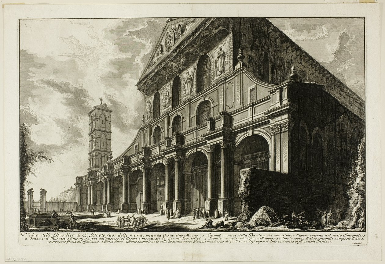 Kilátás a S. Paolo fuori delle Mura-bazilikára [St. Pál a falakon kívül], amelyet Nagy Konstantin épített, a Róma látképéből alkotó: Giovanni Battista Piranesi