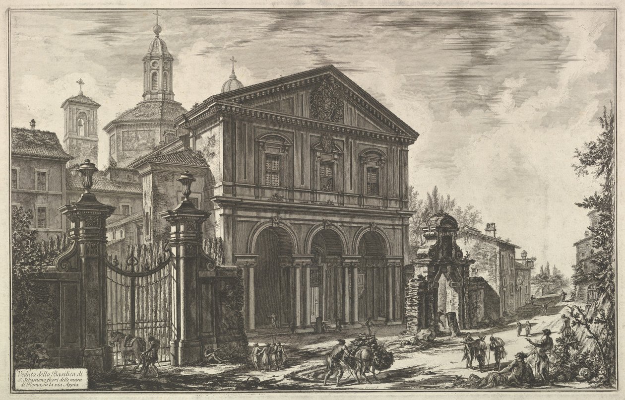 A San Sebastiano fuori delle mura-bazilika [Szent Sebestyén a falakon kívül] látképe a Via Appián, a Vedute di Roma (Római látképek) sorozatból alkotó: Giovanni Battista Piranesi