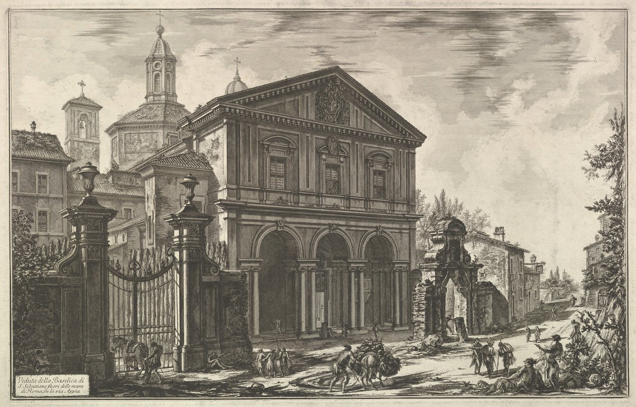 Kilátás a San Sebastiano-bazilikára a falakon kívül [St. Sebastian a falon kívül..., kb. 1750. alkotó: Giovanni Battista Piranesi