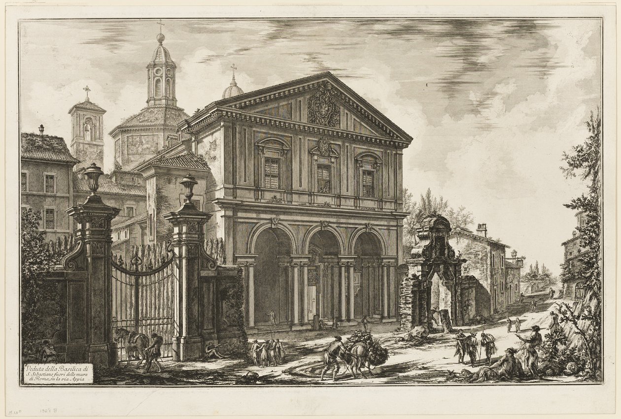 Kilátás a San Sebastiano fuori delle mura-bazilikára [St. Sebastian a falakon kívül] az Appian Way-n, a Views of Rome-ból alkotó: Giovanni Battista Piranesi