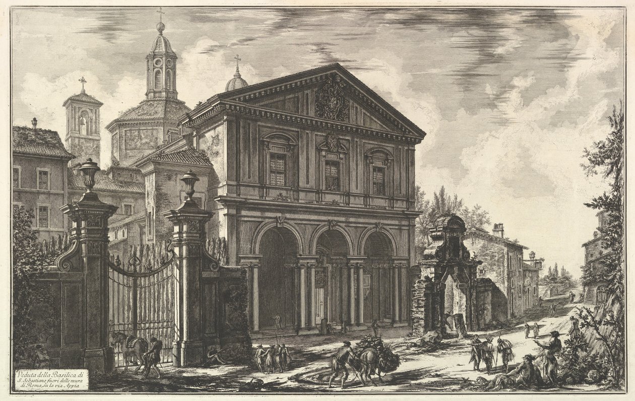 A Via Appián álló San Sebastiano fuori delle mura-bazilika [Szent Sebestyén a falakon kívül] látképe, a Vedute di Roma (Római látképek) című sorozatból alkotó: Giovanni Battista Piranesi