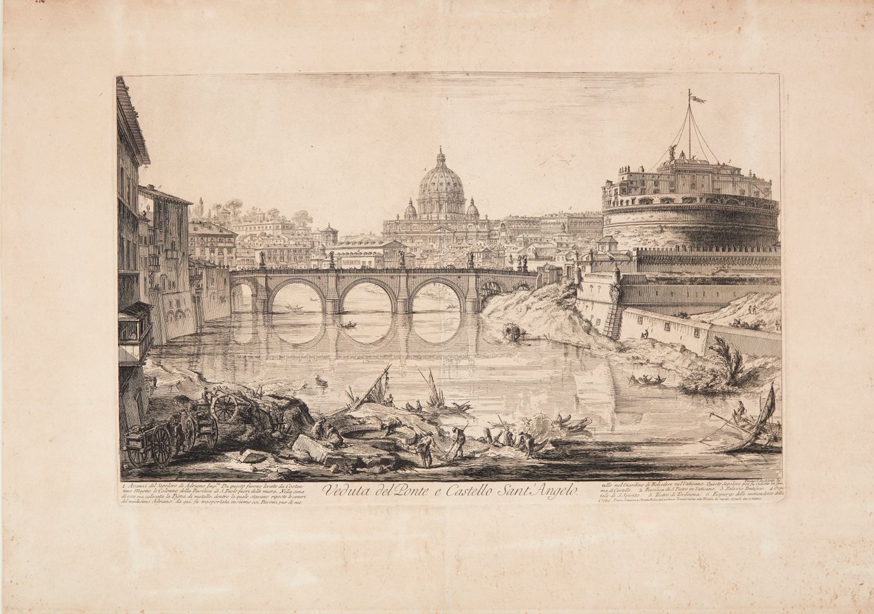 A híd és az Angyalvár, Hadrianus mauzóleuma, látképe, előtérben csónakokkal a Teverén, háttérben a Szent Péter-bazilika kupolájával alkotó: Giovanni Battista Piranesi