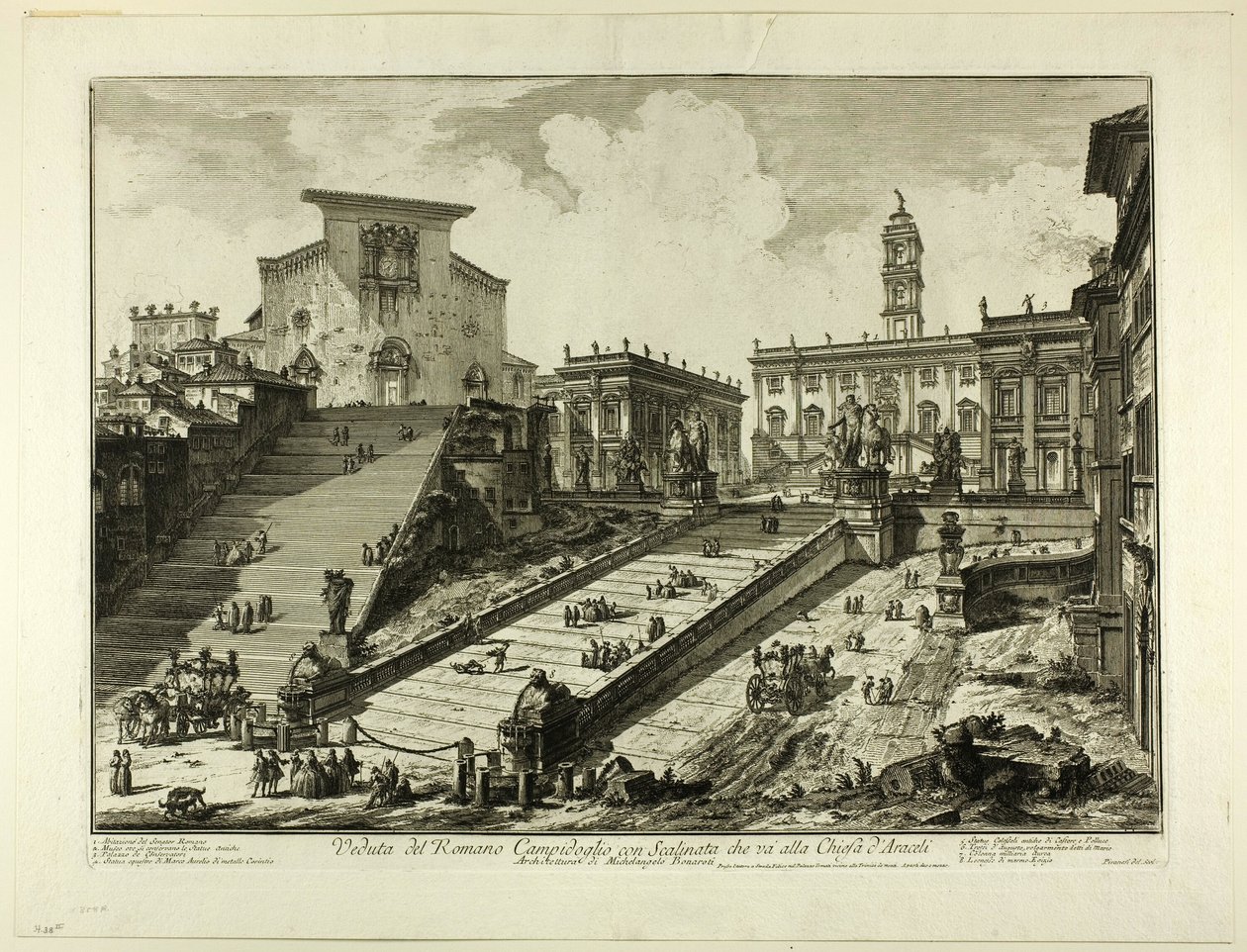 Kilátás a Capitolium-hegyre az aracoeli S. Maria-templom lépcsőjével, a Római kilátásból alkotó: Giovanni Battista Piranesi