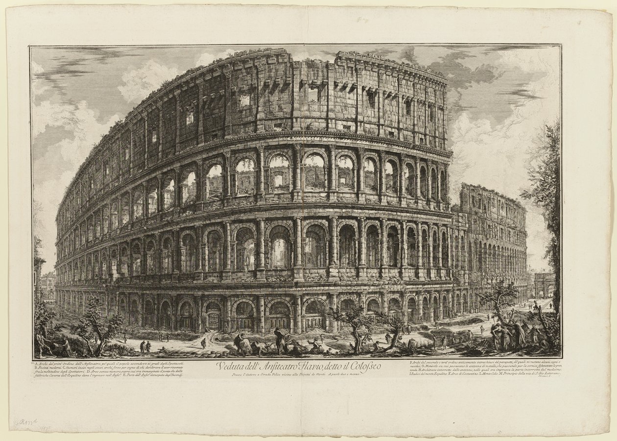 Kilátás a Colosseumnak nevezett Flavian-amfiteátrumra, a Views of Rome-ból alkotó: Giovanni Battista Piranesi
