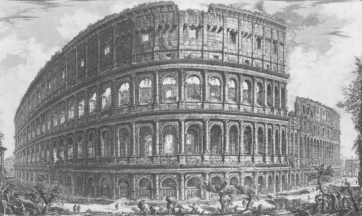 Kilátás a Flavius-amfiteátrumra, amelyet a „Vedute” Colosseumként ismernek, először 1756-ban, pub. írta: E & F.N. Spon Kft. alkotó: Giovanni Battista Piranesi