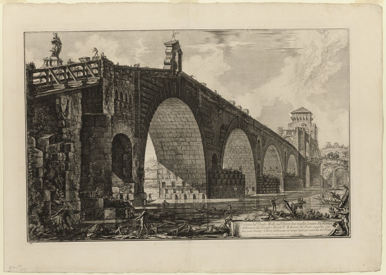 Kilátás a Ponte Molle-ra [vagy Milvian-hídra] a Tiberis fölött két mérföldre Rómán kívül, a Római kilátásból alkotó: Giovanni Battista Piranesi