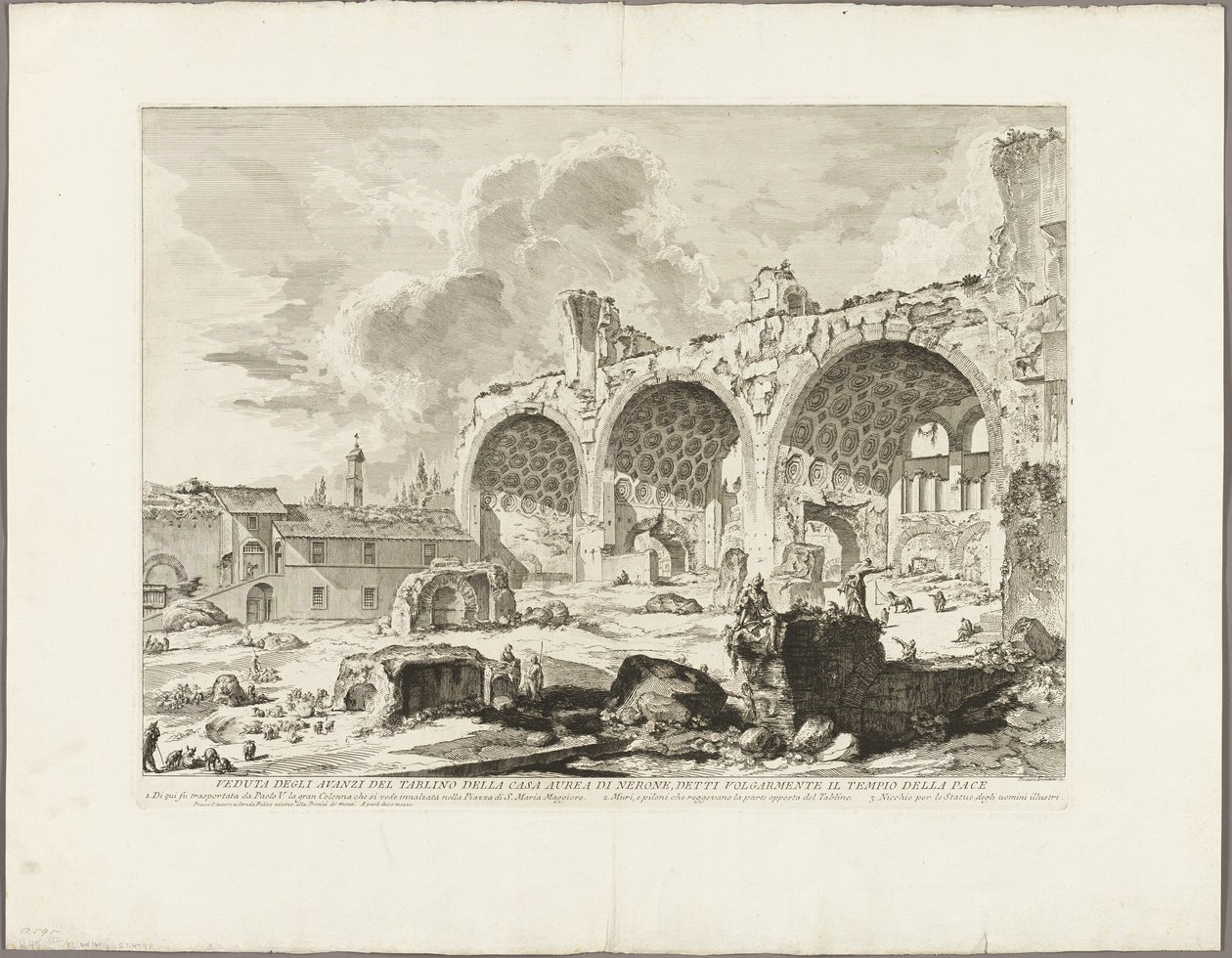 Kilátás a Nero Arany-ház ebédlőjének maradványaira, amelyet általában a Béke Templomának neveznek, a Római kilátásból alkotó: Giovanni Battista Piranesi
