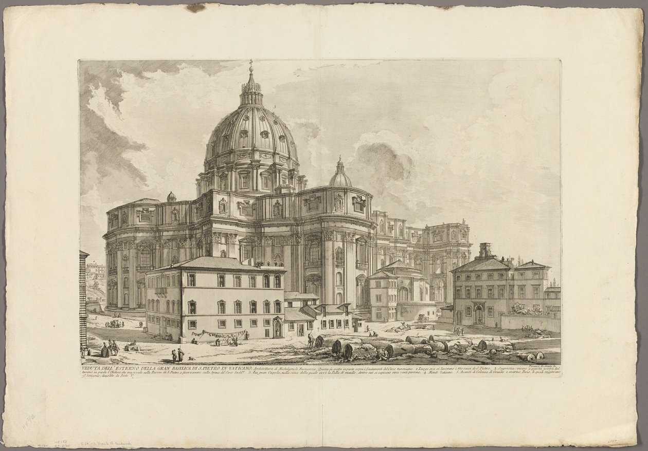 A vatikáni Szent Péter-bazilika külsejének látképe, a Views of Rome (Róma látképei) oldalról. alkotó: Giovanni Battista Piranesi
