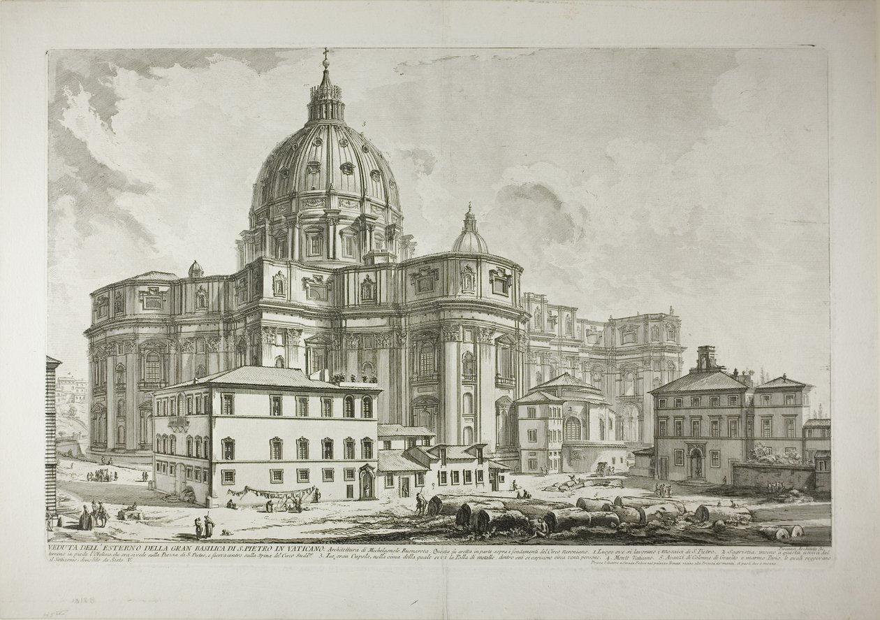 A vatikáni Szent Péter-bazilika külsejének látképe, a Views of Rome (Róma látképei) oldalról. alkotó: Giovanni Battista Piranesi