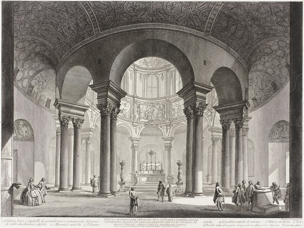Szent Costanza sírboltjának belső nézete, amelyet Nagy Konstantin építtetett, és tévesen Bacchus templomának neveztek, ma Szent Costanza temploma. alkotó: Giovanni Battista Piranesi