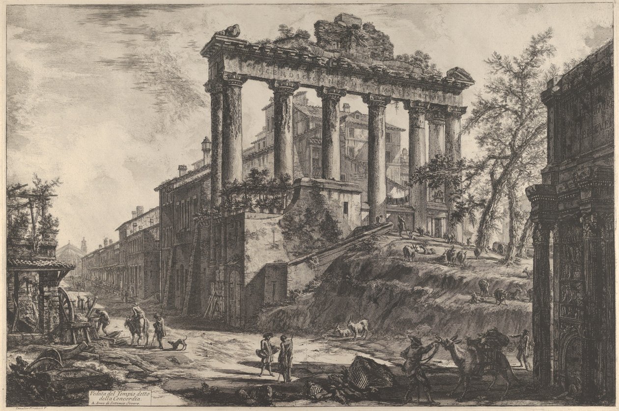 A Concordia úgynevezett temploma a Saturnus-templommal, jobbra Septimius Severus diadalíve alkotó: Giovanni Battista Piranesi