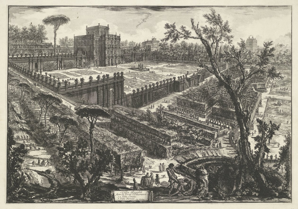 Villa Doria Pamphili Rómában Panfili villa a Porta S. Pancrazio előtt (cím az objektumon) Gezichten op Rome (sorozat címe) Róma kilátásai, amelyeket Giambattista Piranesi építész, Ve (nez) iano tervezett és vésett (sorozat címe) alkotó: Giovanni Battista Piranesi
