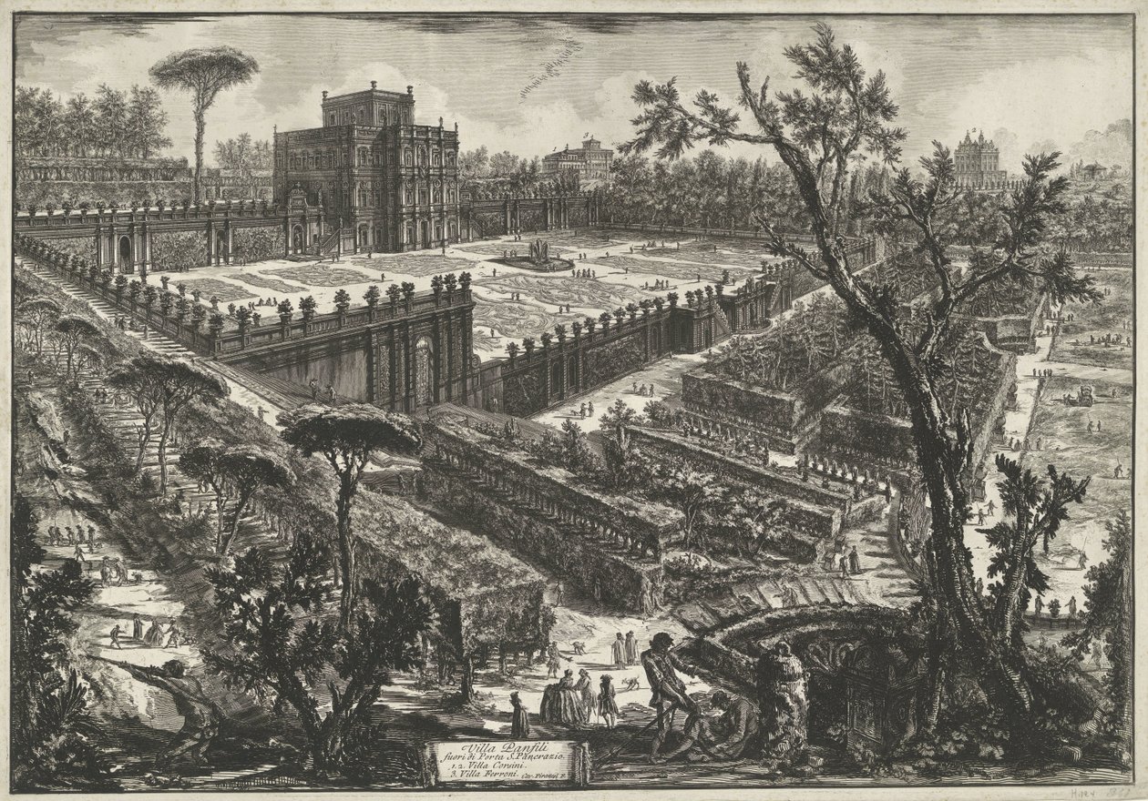 Villa Doria Pamphili Rómában Panfili villa a Porta S. Pancrazio előtt (cím az objektumon) Gezichten op Rome (sorozat címe) Róma látképei, amelyeket Giambattista Piranesi építész, Ve (nez) iano tervezett és vésett (sorozat címe) alkotó: Giovanni Battista Piranesi