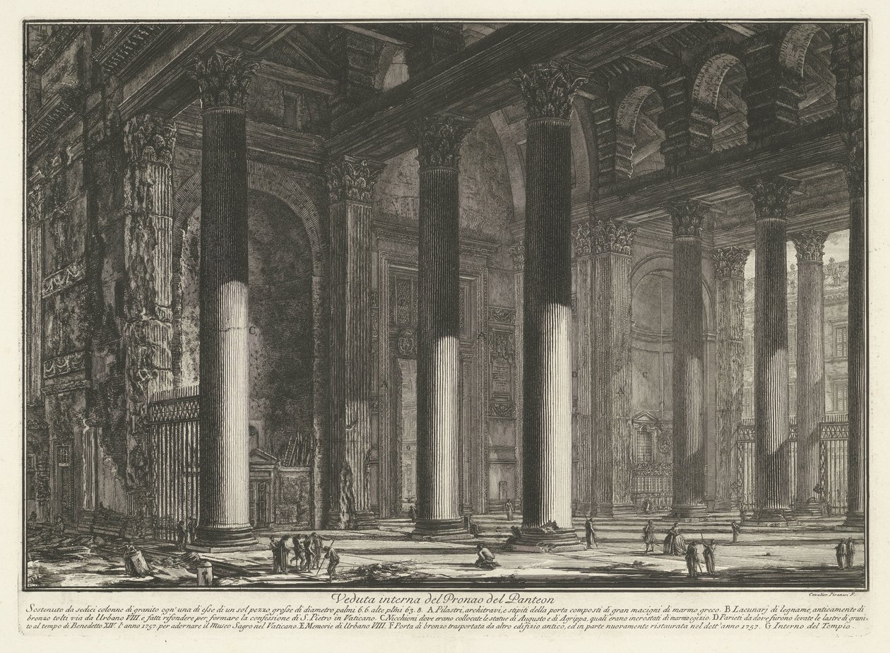 Voorportaal van het Pantheon te Róma A Pantheon Pronaosz belső képe (cím a tárgyon) Gezichten op Rome (sorozat címe) Róma kilátásai, amelyeket Giambattista Piranesi építész, Ve (nez) iano tervezett és vésett (sorozat címe) alkotó: Giovanni Battista Piranesi