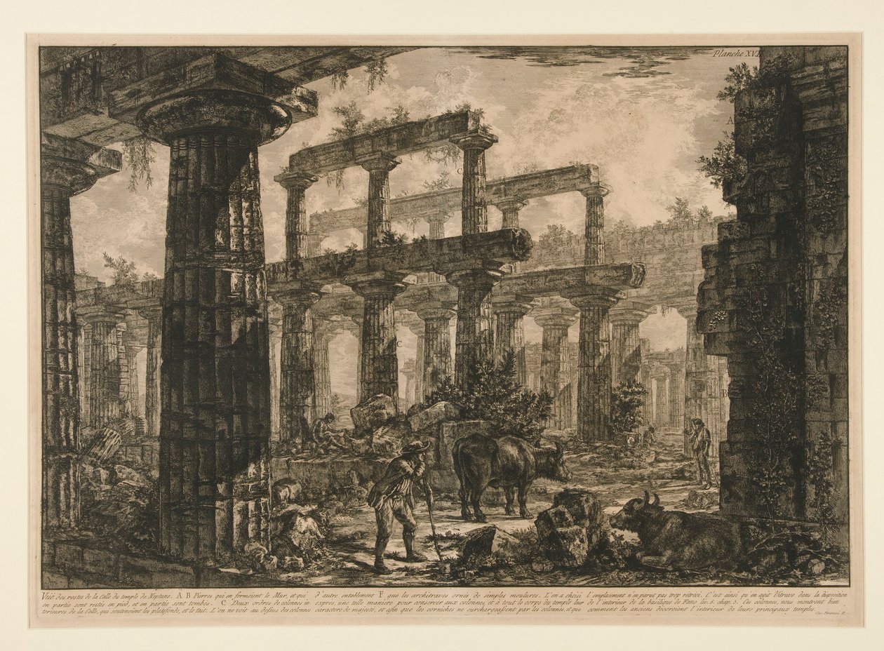 Látott? a Neptunusz-templom cella maradványairól (Kilátás a Neptun-templom cella maradványairól), a különböző nézetek közül alkotó: Giovanni Battista Piranesi
