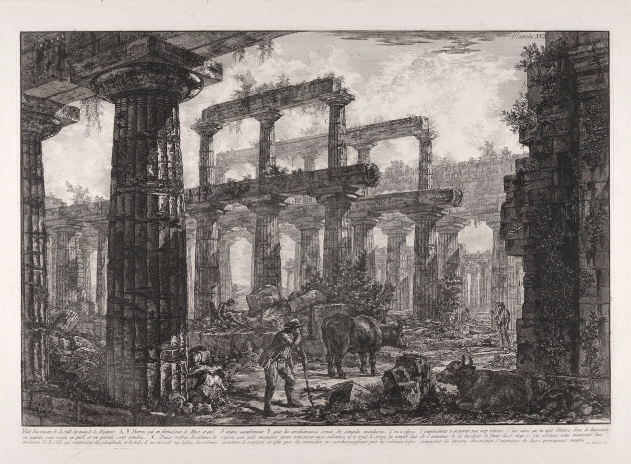 Kilátás a Neptunusz-templom cellájának maradványaira, különböző nézetekből alkotó: Giovanni Battista Piranesi