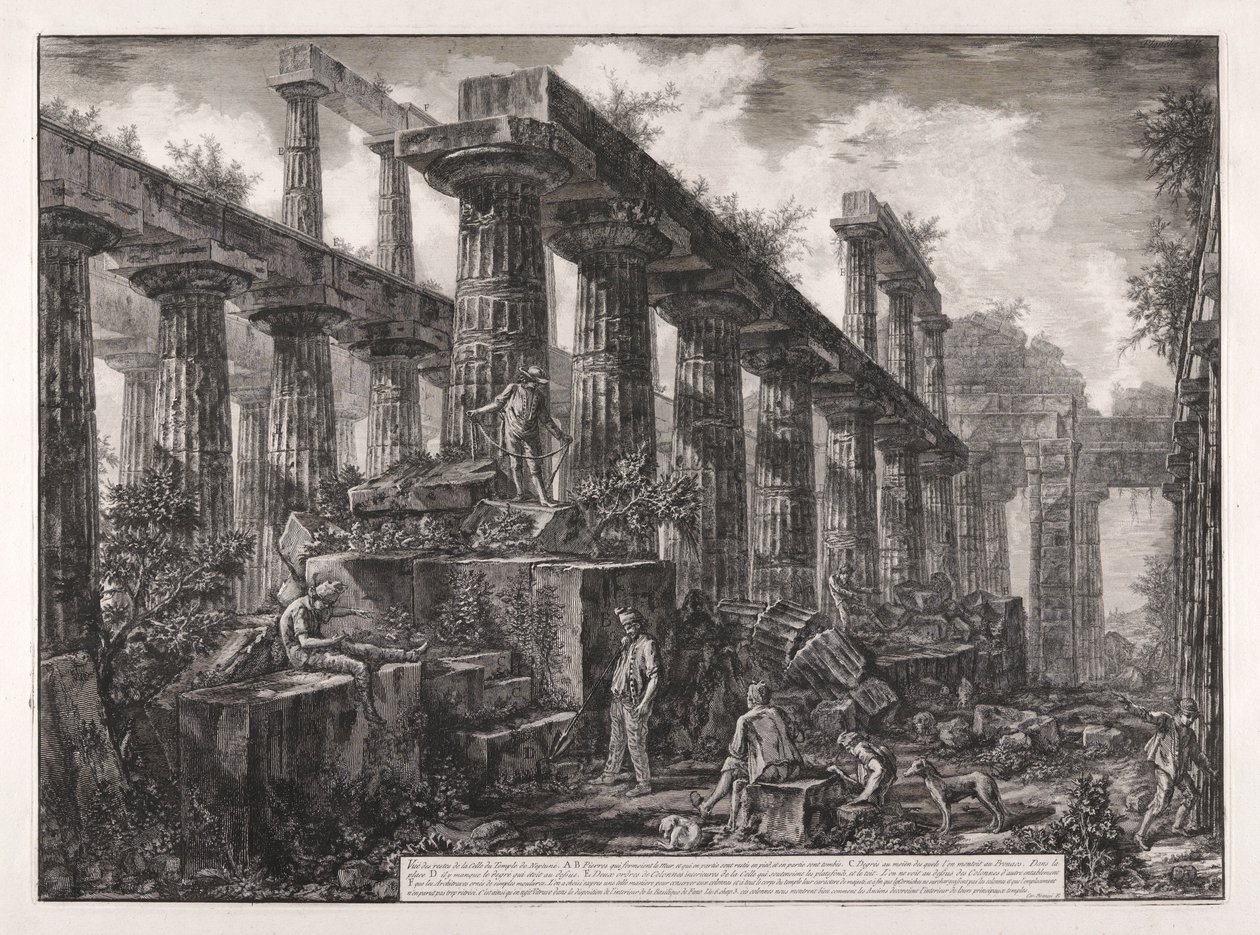 Kilátás a Neptunusz-templom cellájának maradványaira, különböző nézetekből alkotó: Giovanni Battista Piranesi