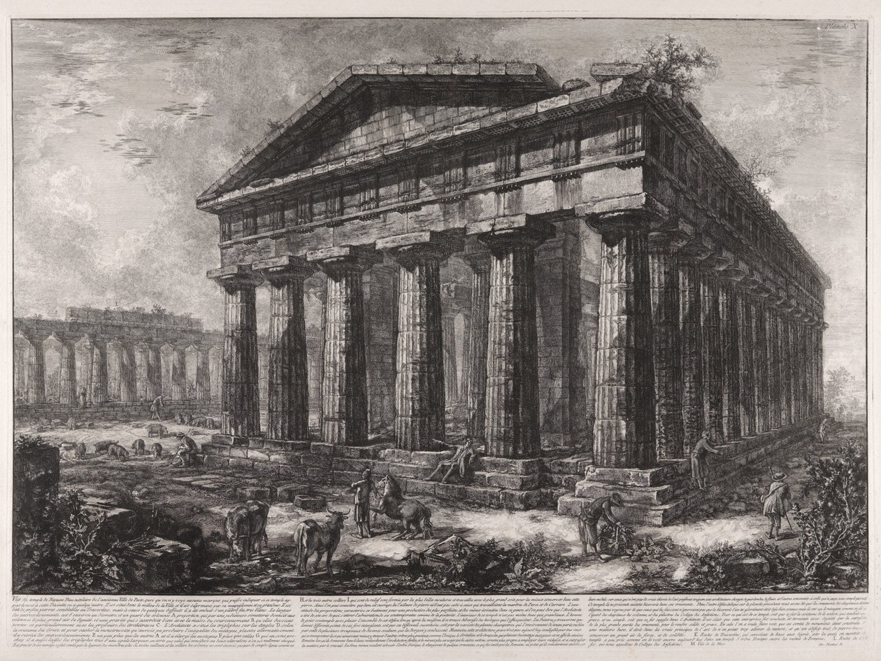 Neptunusz templomának látképe, Pesto ókori városának védőistene, jóllehet semmilyen jel nem látható, amely arra utalhatna, hogy e templom e istenséghez vagy valamely másikhoz tartozott ... alkotó: Giovanni Battista Piranesi