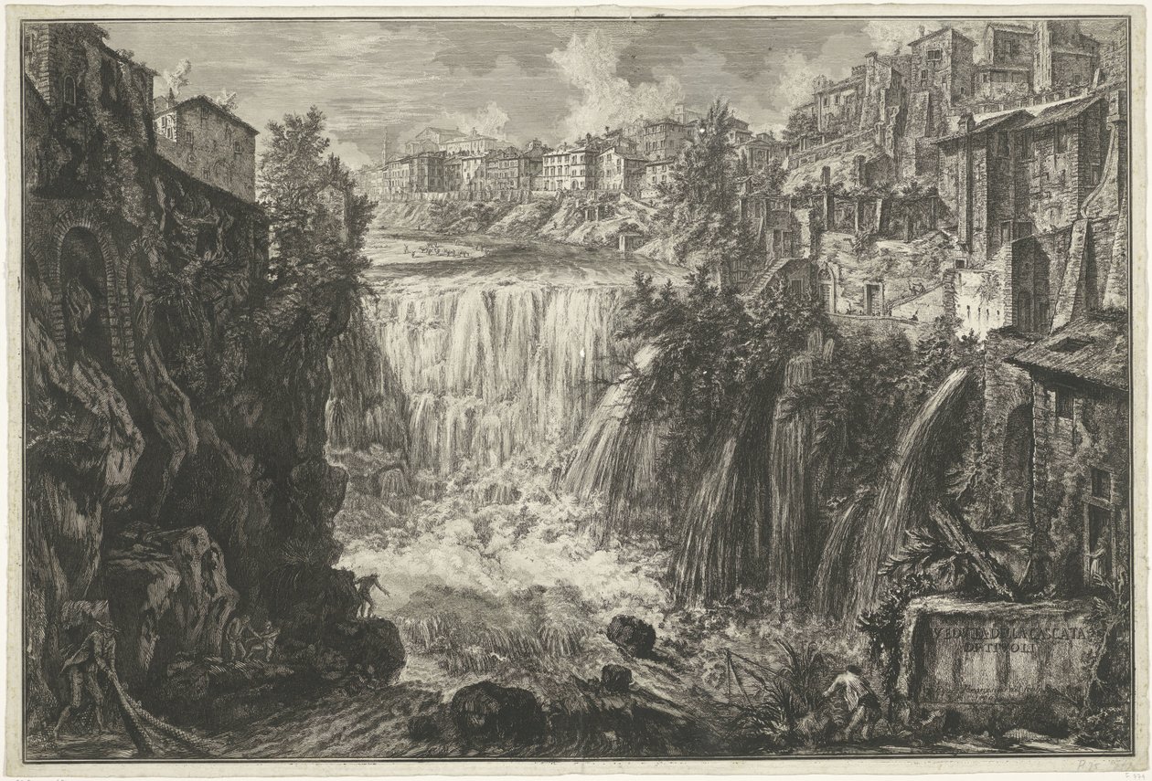 Waterval Tivoliban Kilátás a Tivoli-vízesésre (cím az objektumon) Gezichten op Rome (sorozat címe) Róma látképei, amelyeket Giambattista Piranesi építész, Ve (nez) iano tervezett és vésett (sorozat címe) alkotó: Giovanni Battista Piranesi