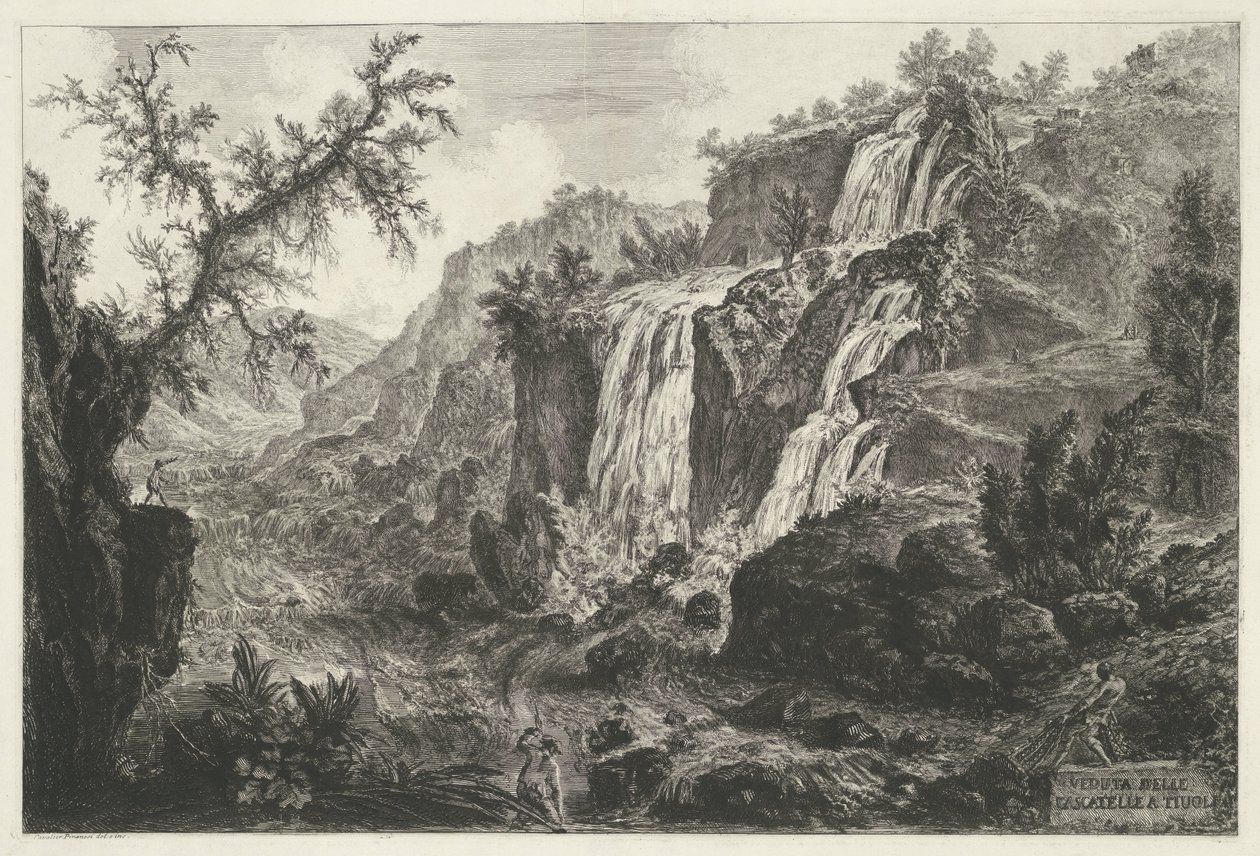 Watervallen te Tivoli Kilátás a Cascatelle-re Tivoliban (cím az objektumon) Gezichten op Rome (sorozat címe) Róma látképei, amelyeket Giambattista Piranesi építész, Ve (nez) iano tervezett és vésett (sorozat címe) alkotó: Giovanni Battista Piranesi