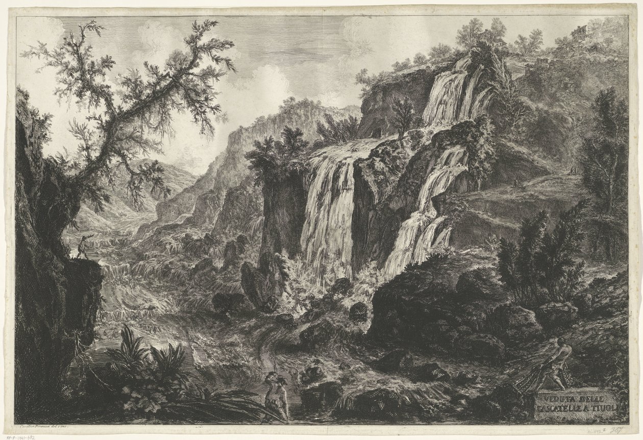 Watervallen te Tivoli Kilátás a Cascatelle-re Tivoliban (cím az objektumon) Gezichten op Rome (sorozat címe) Róma látképei, amelyeket Giambattista Piranesi építész, Ve (nez) iano tervezett és vésett (sorozat címe) alkotó: Giovanni Battista Piranesi