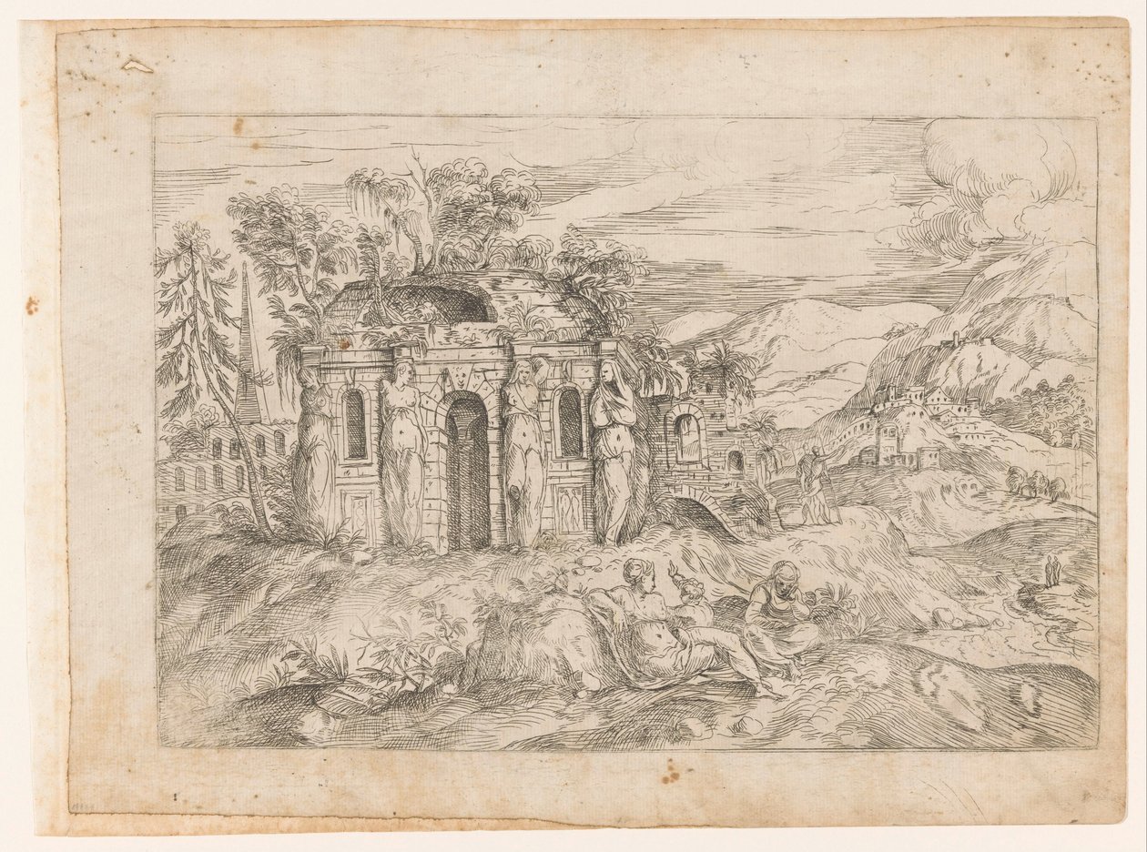 Táj antik templommal kariatidákkal alkotó: Giovanni Battista Pittoni (I) (attributed to)