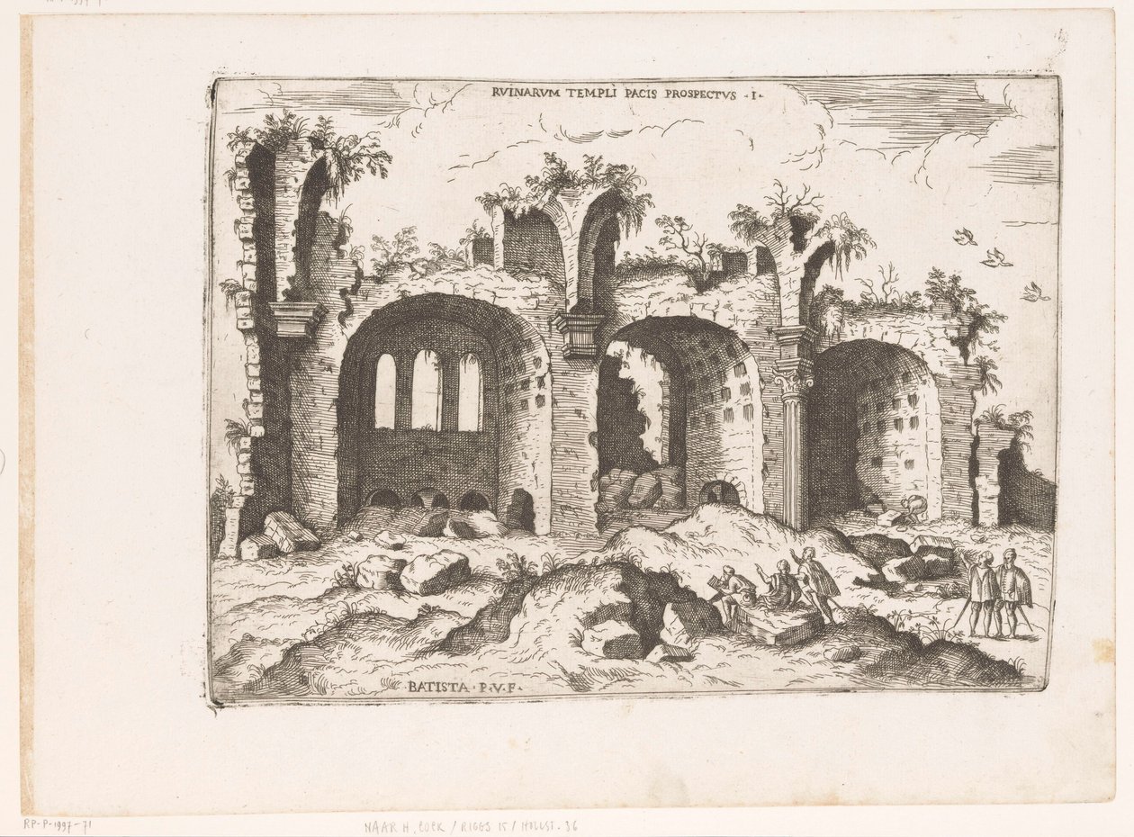 Gezicht op de Basilica van Maxentius te Rome Kilátás a Béke templomának romjaira (cím a tárgyon) Római romok (sorozat címe) A római ókor néhány fontos emléke (...) (sorozat címe) alkotó: Giovanni Battista Pittoni (I)