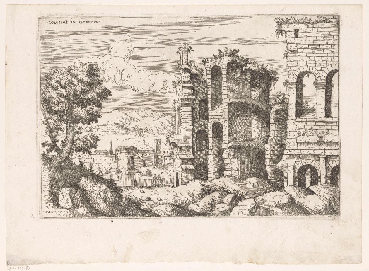 Gezicht op het Colosseum en omgeving te Róma Colosseum ro prospektus (cím a tárgyon) Római romok (sorozat címe) A római ókor néhány fontos emléke (...) (sorozat címe) alkotó: Giovanni Battista Pittoni (I)