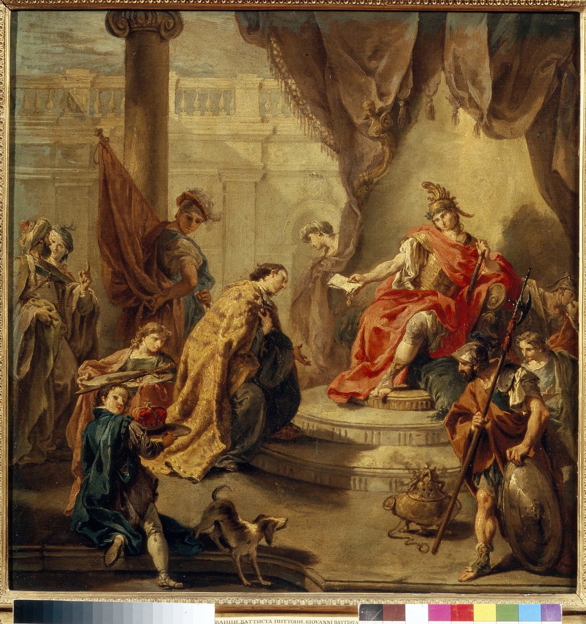 Flavius ​​Honorius császár (384-423) III. Constantiust (meghalt 421-ben) tette társregentjévé (421-ben). (Honorius császár Constantiust kormányzótársává teszi). Giambattista (Giovan Battista) (Giovanni Battista) Pittoni (1687-1767) festménye, olaj, vászon, alkotó: Giovanni Battista Pittoni