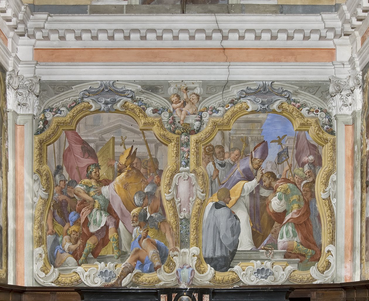 Szent Ambrus száműzi Theodosius császárt a templomból és Theodosius bűnbánata és áldása alkotó: Giovanni Battista Pozzo