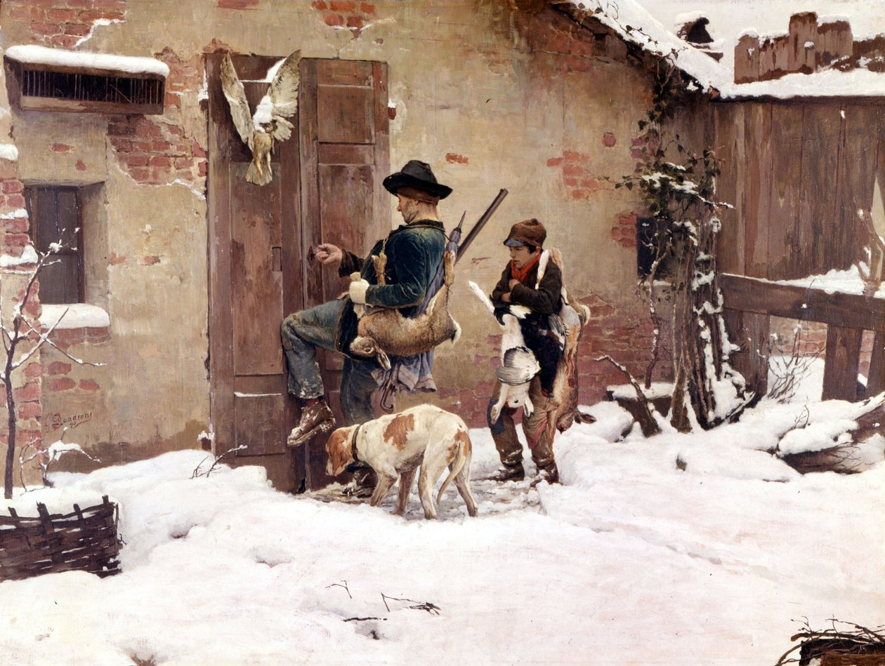 Vissza a vadászatból. G.Quadrone festménye. 1890 Milánó alkotó: Giovanni Battista Quadrone