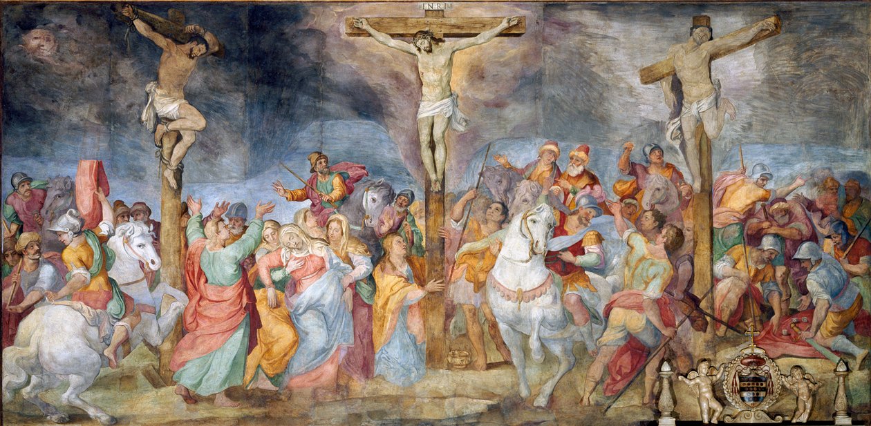 A kereszten a Crucifixion Inri (I.N.R.I.) felirat. Az oldalakon a jó tolvaj (más néven Saint Dismas (vagy Dysmas, Dimas, Dumas) és a rossz tolvaj (Gesmas vagy Gestas) ábrázolása, két tolvaj, akiket Jézus Krisztussal keresztre feszítettek. Freskó: Giovanni  alkotó: Giovanni Battista Ricci