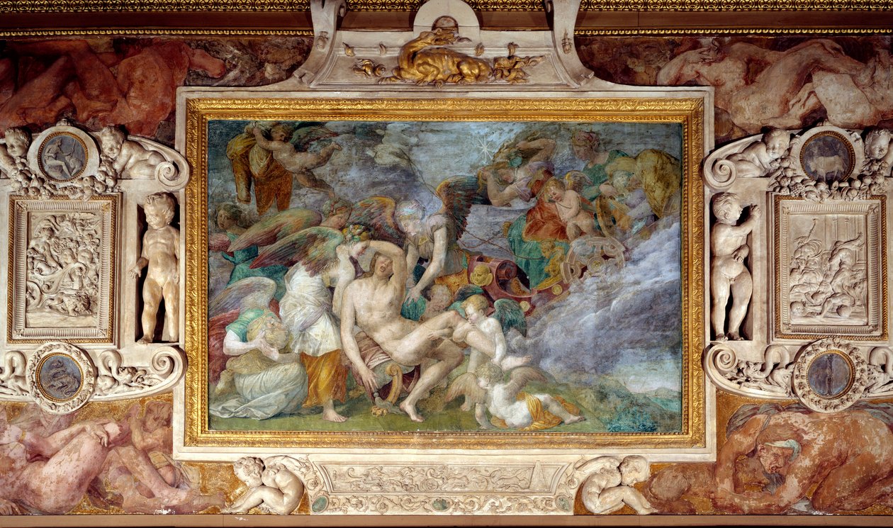 A Fontainebleau-i kastélyban a Galerie Francois I. 5. déli travéjának freskója Adonis halálát mutatja. Giovanni Battista di Jacopo Rosso (1494-1541) festménye alkotó: Giovanni Battista Rosso Fiorentino