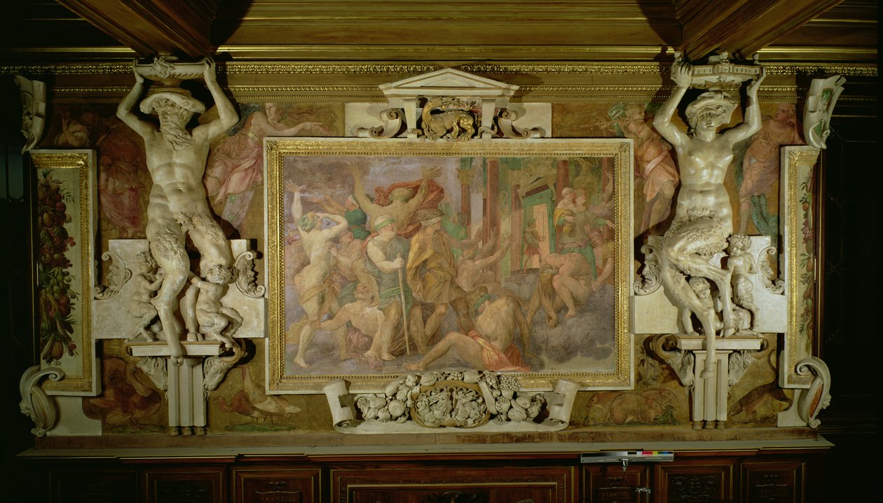 Vadászat a tudatlanságról, a díszítő séma részlete az I. Ferenc Képtárban, 1530-40 freskó és stukkó alkotó: Giovanni Battista Rosso Fiorentino