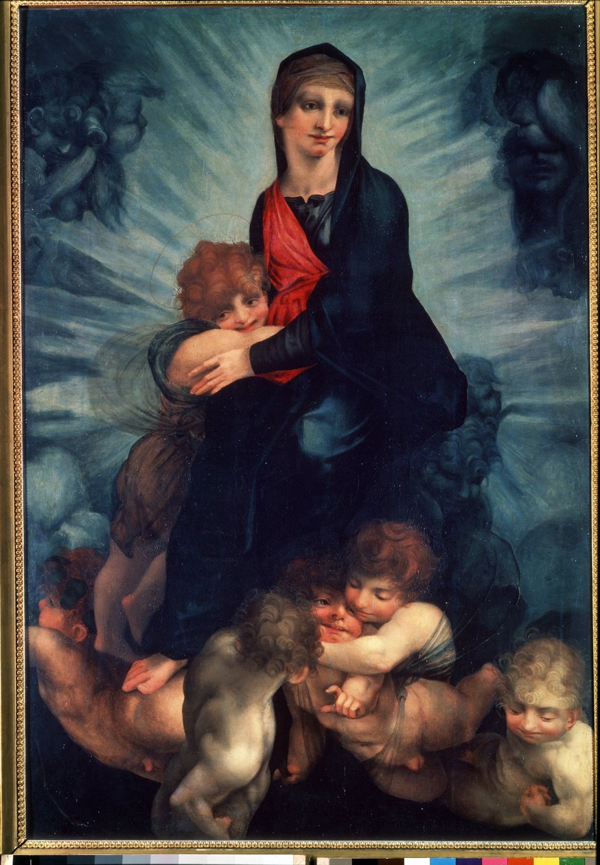 A Szűz és a Gyermek angyalokkal (The Virgin and the Child with angels). Fiorentino Rosso (1495-1540) festménye. Olajfestmény alkotó: Giovanni Battista Rosso Fiorentino