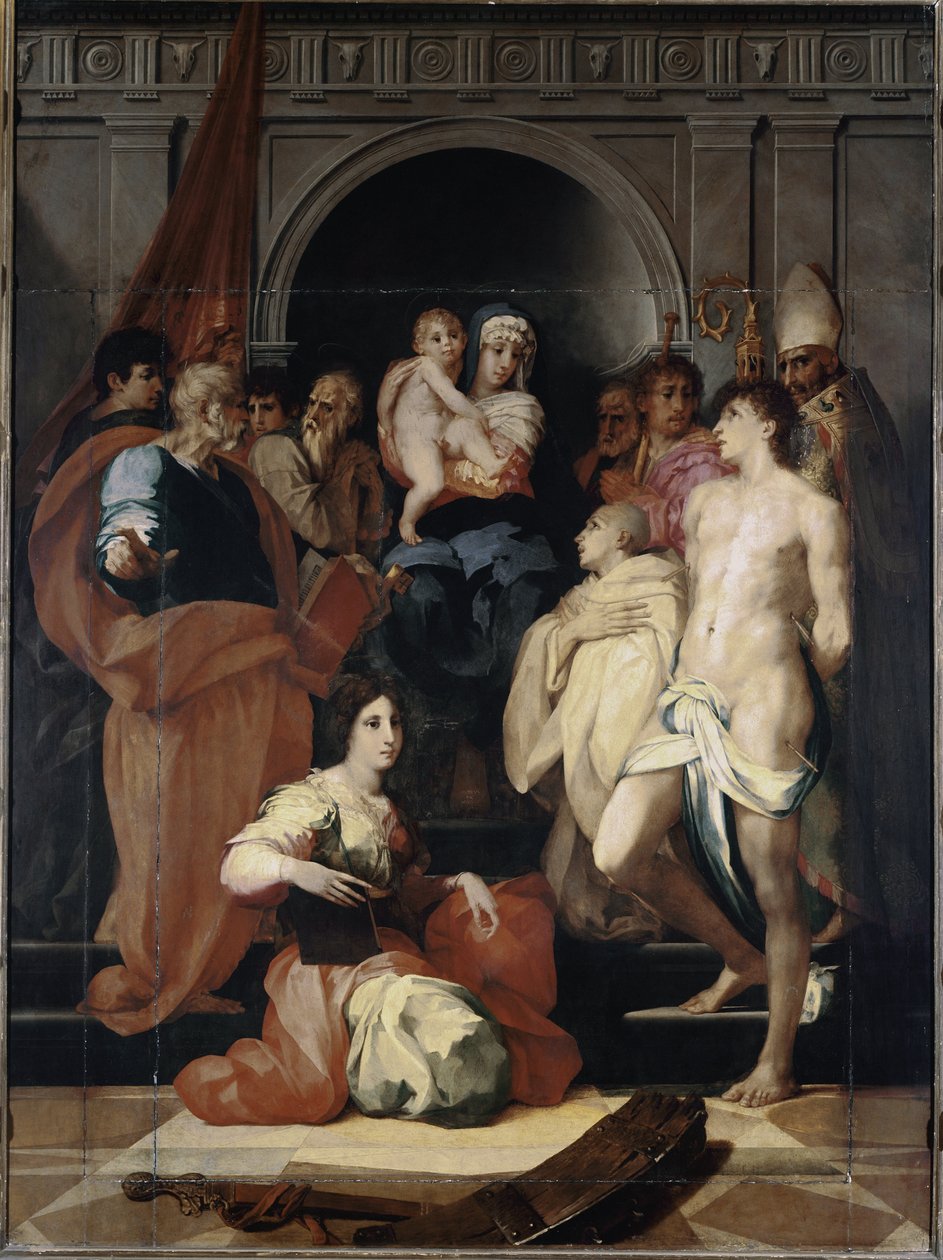 Madonnánál a trónon a gyermek és a szentek (olaj, vászon alkotó: Giovanni Battista Rosso Fiorentino