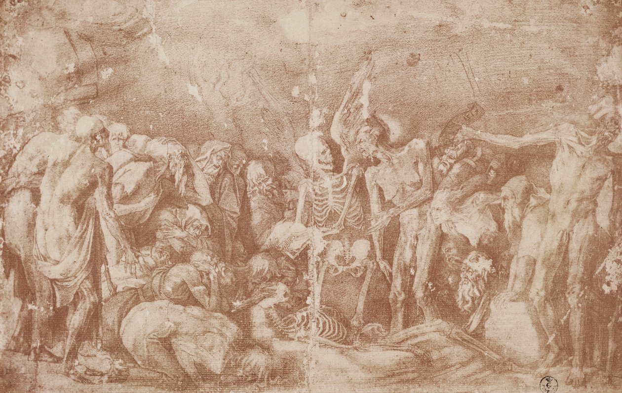 Tanulmány az élőkről és holtakról összeszerelve (sanguine papíron) alkotó: Giovanni Battista Rosso Fiorentino