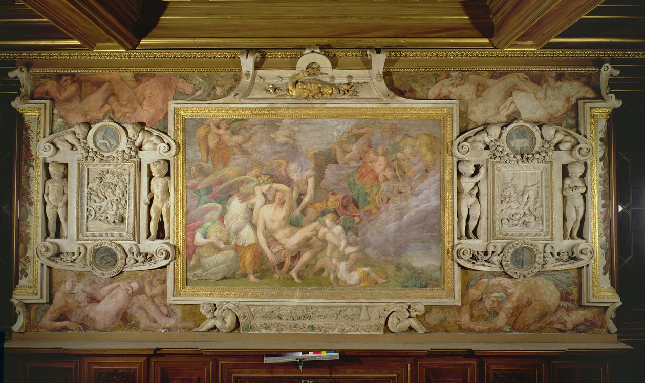 Adonis halála, az I. Ferenc Képtár dekorációs sémájának részlete, 1530-40 freskó és stukkó alkotó: Giovanni Battista Rosso Fiorentino