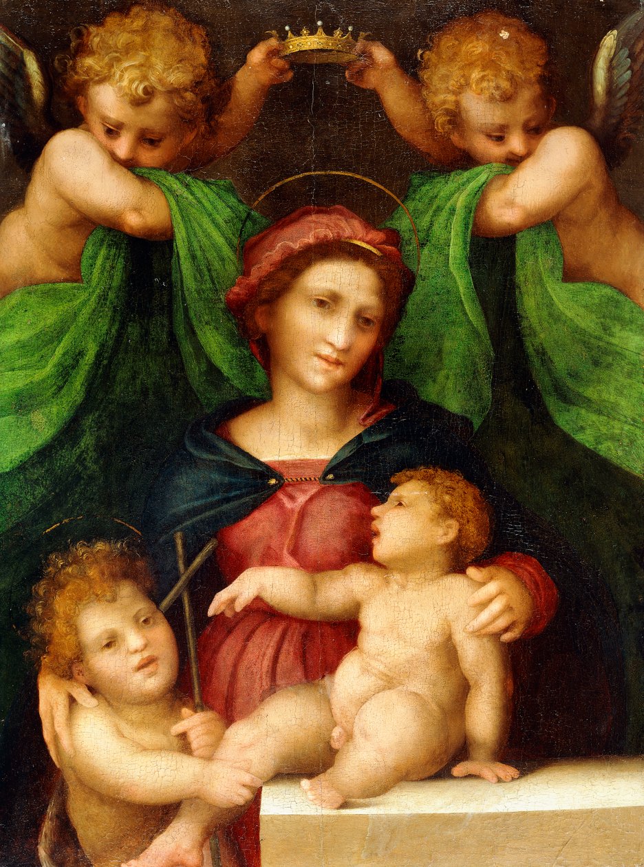 A Madonna és a gyermek Keresztelő Szent János csecsemővel és két angyallal, 1512 körül alkotó: Giovanni Battista Rosso Fiorentino