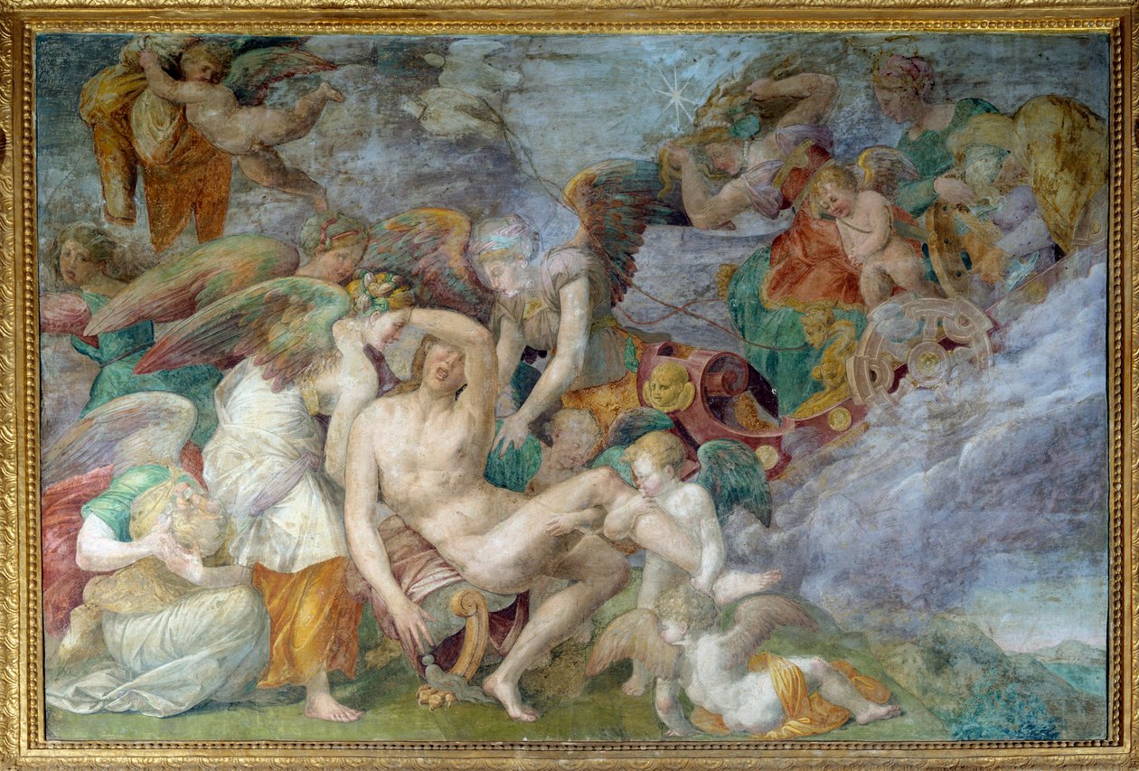Adonis halála, I. Francois fontainebleau-i galériájának 5. déli travájának freskója. Giovanni Battista di Jacopo Rosso (1494-1541) festménye alkotó: Giovanni Battista Rosso Fiorentino