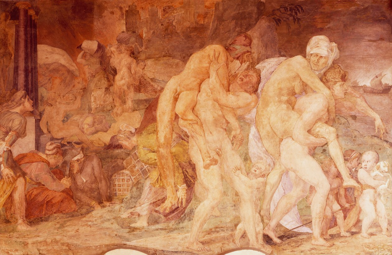 Catania, Anfinomo és Anapio ikrei, freskó I. Ferenc Chateau de Fontainebleau-i galériájában, Franciaországban (az UNESCO Világörökség része alkotó: Giovanni Battista Rosso Fiorentino