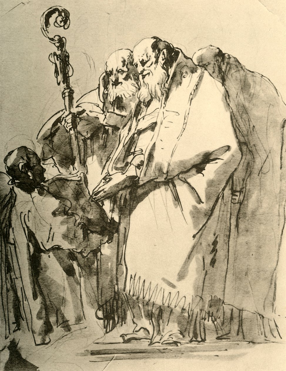 Egy püspök, két másik pap és egy diakónus a szertartással, 1740-es évek, 1928 alkotó: Giovanni Battista Tiepolo