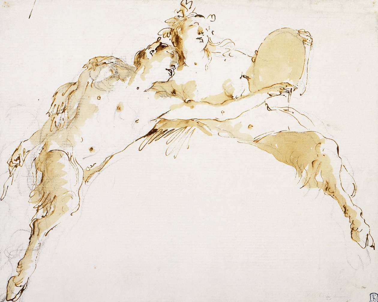 Egy faun, kinyújtott bal karjával, és egy fauness, aki tamburt tart, alkotó: Giovanni Battista Tiepolo