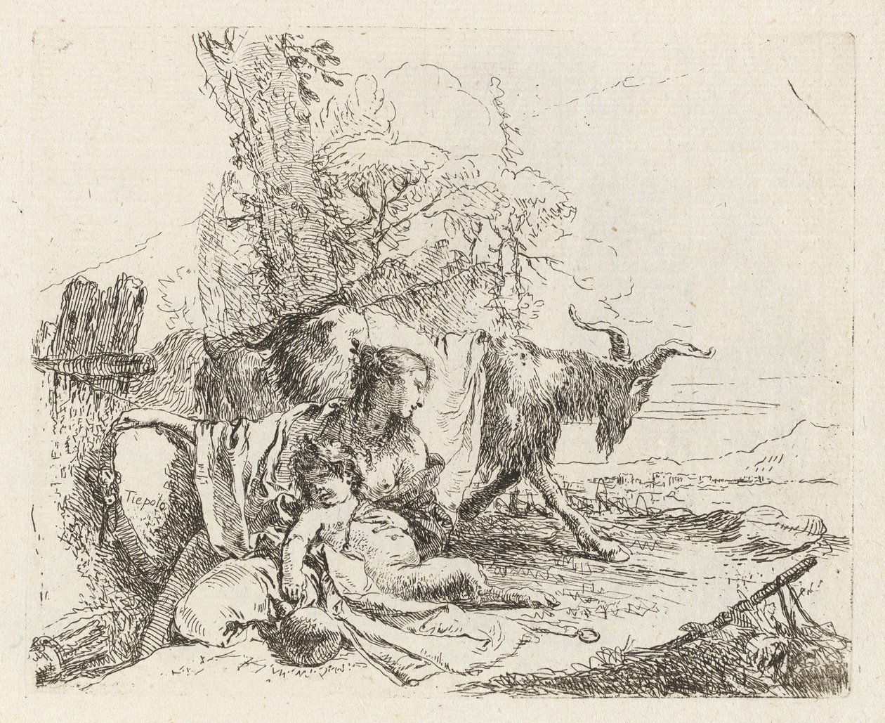 Egy nimfa kis szatírral és két kecskével, a Vari capriccitól (Különféle Capriccios) alkotó: Giovanni Battista Tiepolo
