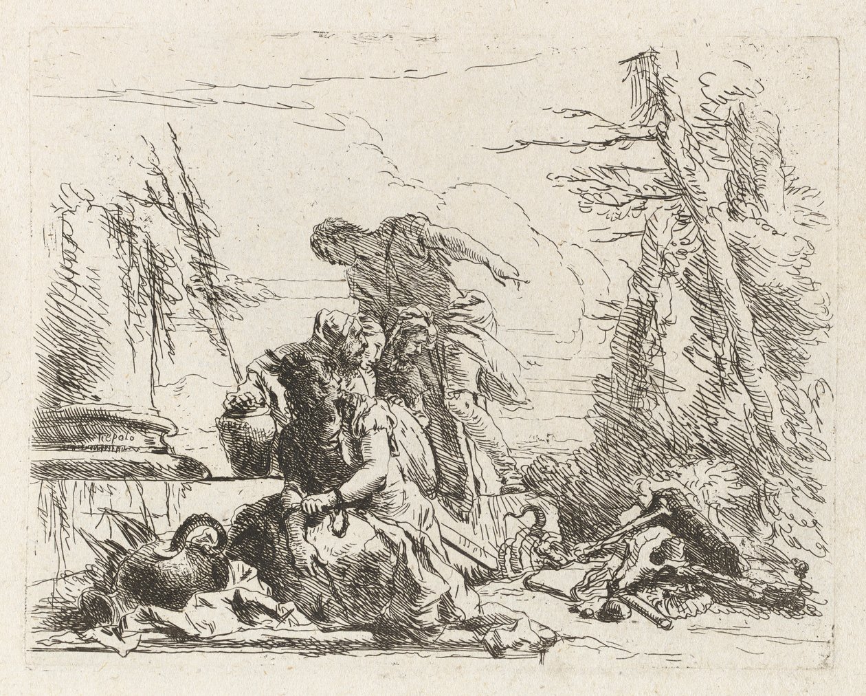 Egy nő láncban karokkal és négy másik figurával, a Vari capricci (Különféle capricciok) című filmből alkotó: Giovanni Battista Tiepolo