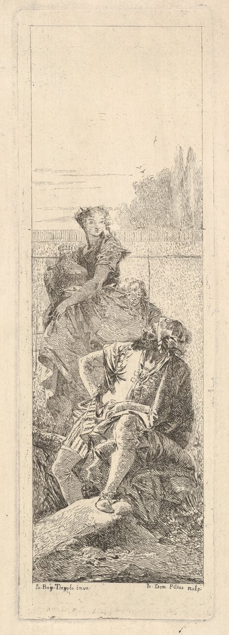 Egy szakállas, ülő férfi a jobb válla fölött egy gyermek és egy medve nő felé néz, kb. 1750-55. alkotó: Giovanni Battista Tiepolo