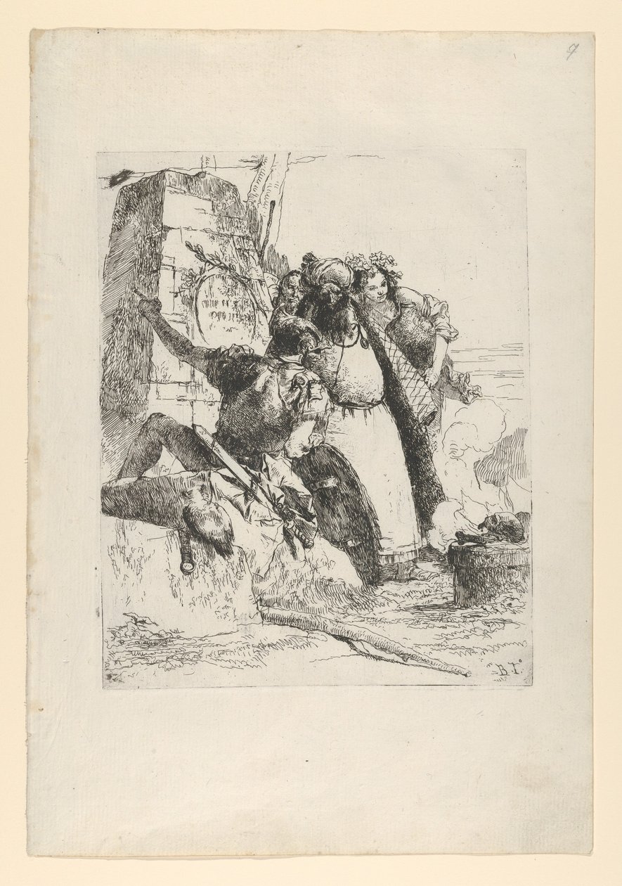 Egy varázsló, egy katona és három figura, akik egy égő koponyát figyelnek a Scherzi d...-ből, kb. 1743-50. alkotó: Giovanni Battista Tiepolo