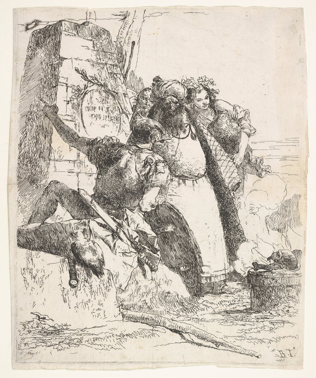 A nekromancia jelenete: egy edényt viselő nő, egy turbános férfi és egy katonapillantás..., kb. 1743-57. alkotó: Giovanni Battista Tiepolo