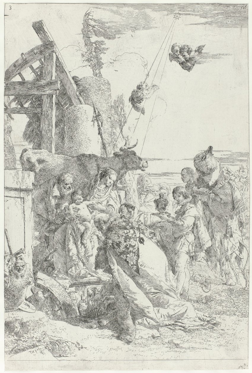 Három Királyok Krisztus Gyermekének imádása Scherzi di fantasia (sorozat címe) alkotó: Giovanni Battista Tiepolo